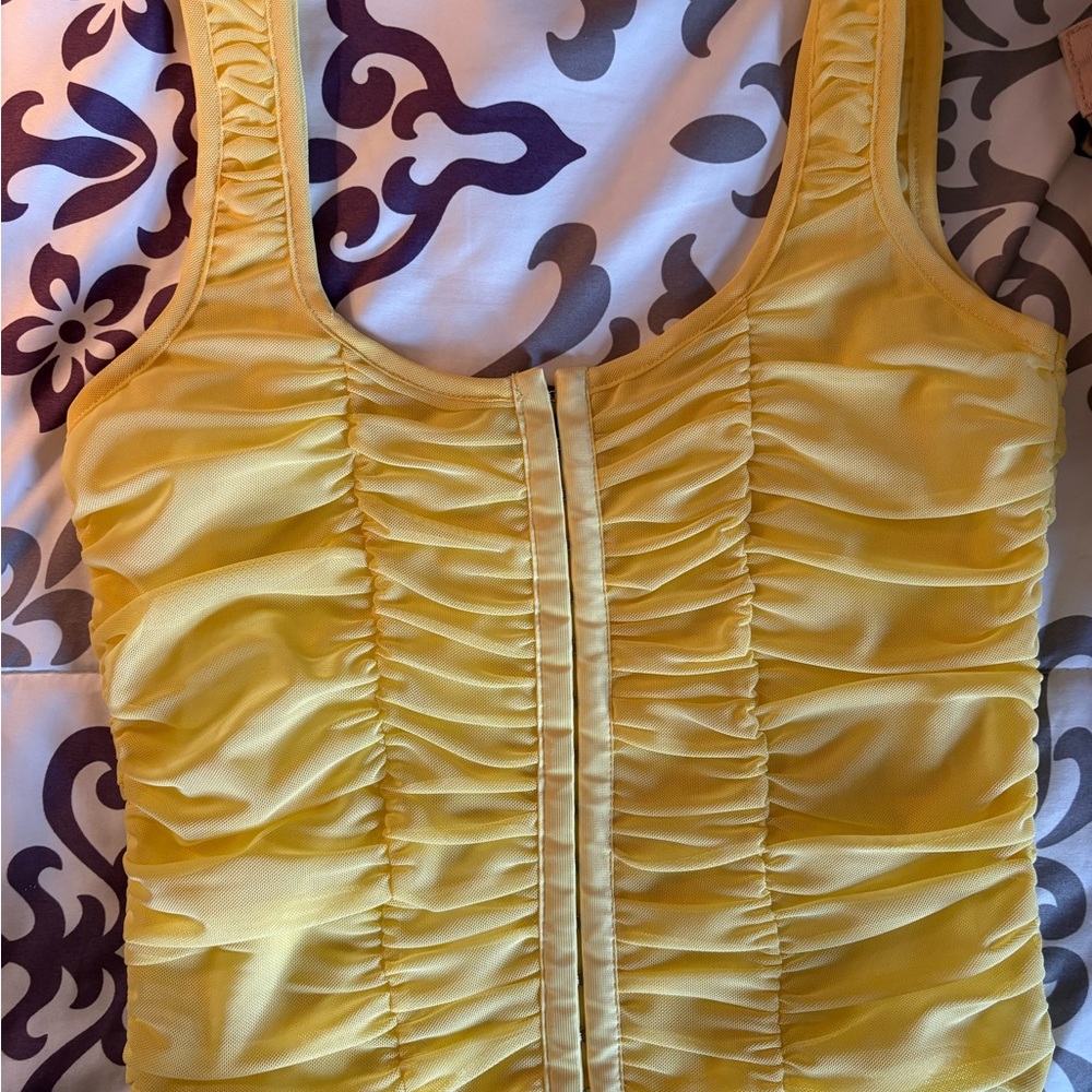 Shinestar Yellow Ruched Sleeveless Top